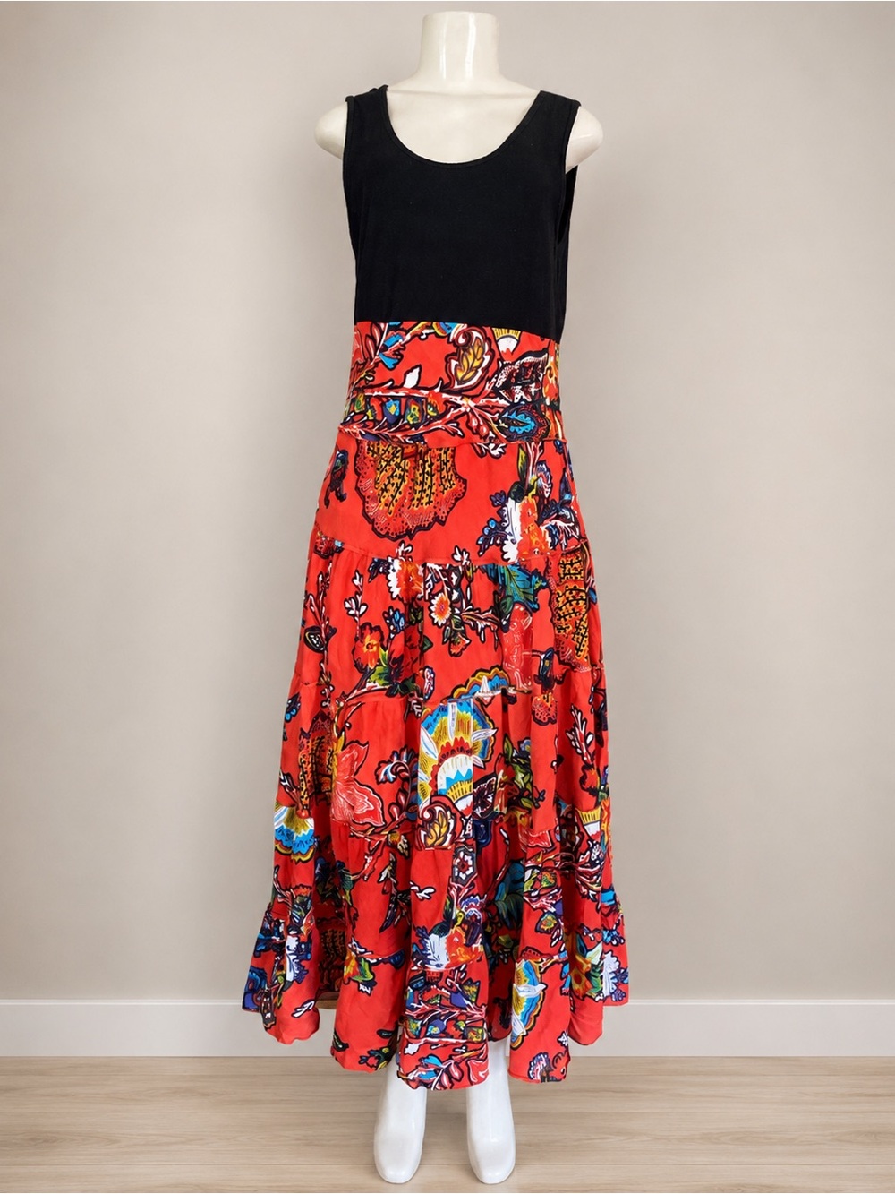 Grace Elements Boho Resort Maxi Dress Medium Tiered Floral Cotton Artsy Colorful